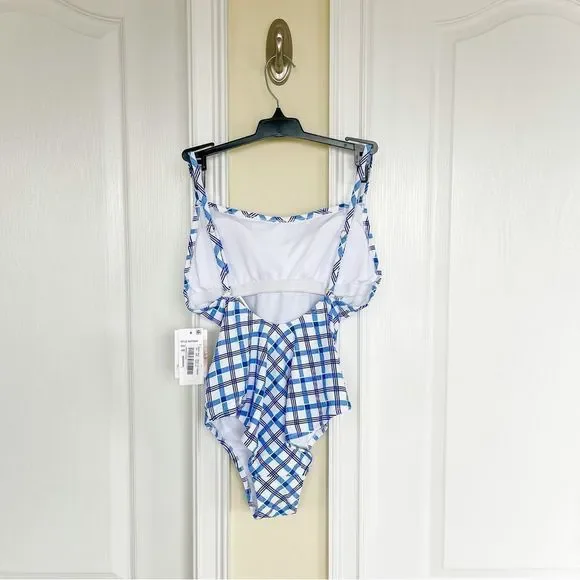 Jessica Simpson Small Bodysuit Bathing Suit Checkered Blue White Open Front Bow